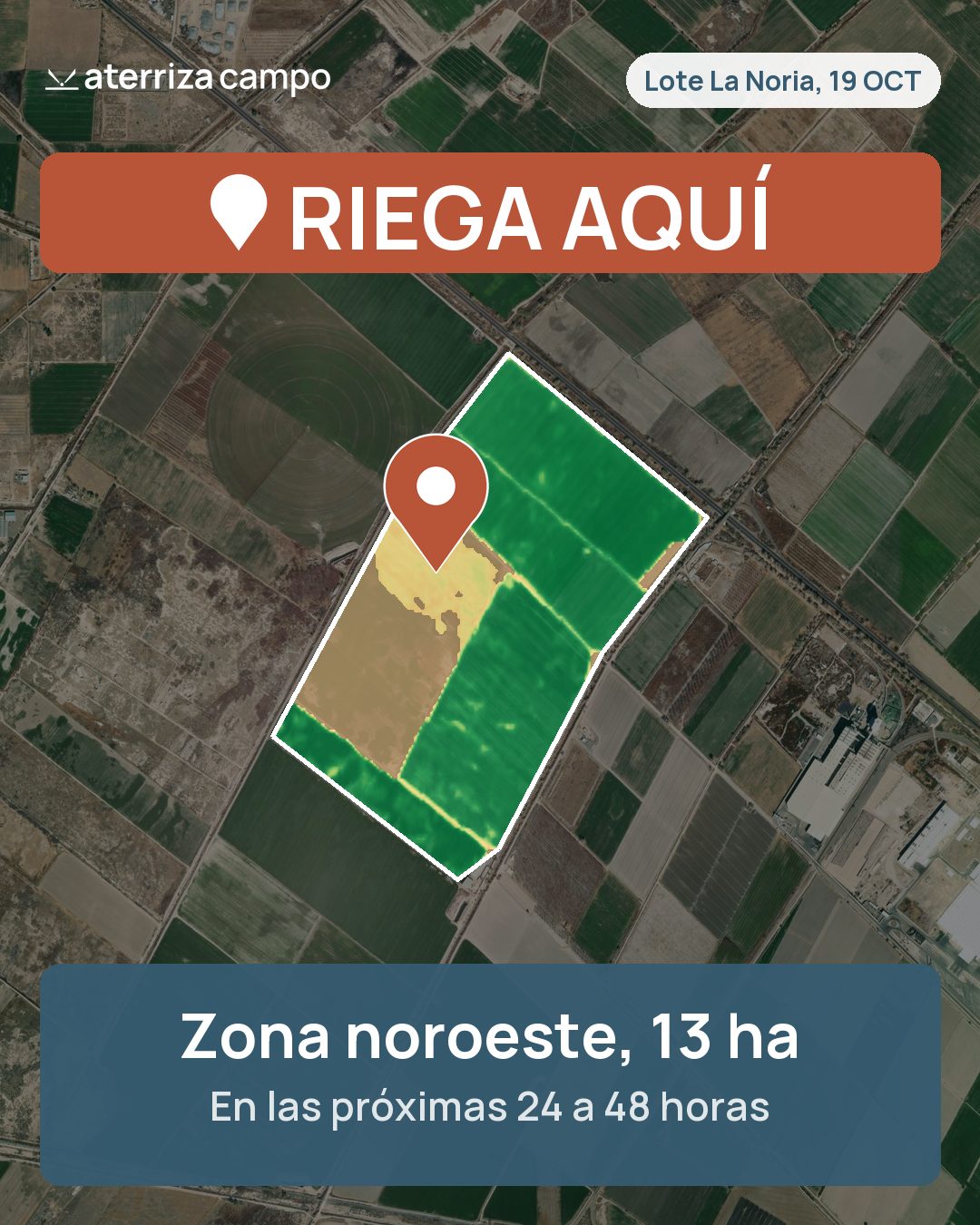 Tarjeta de WhatsApp del lote La Noria: la foto del satélite con la zona que hay que regar marcada